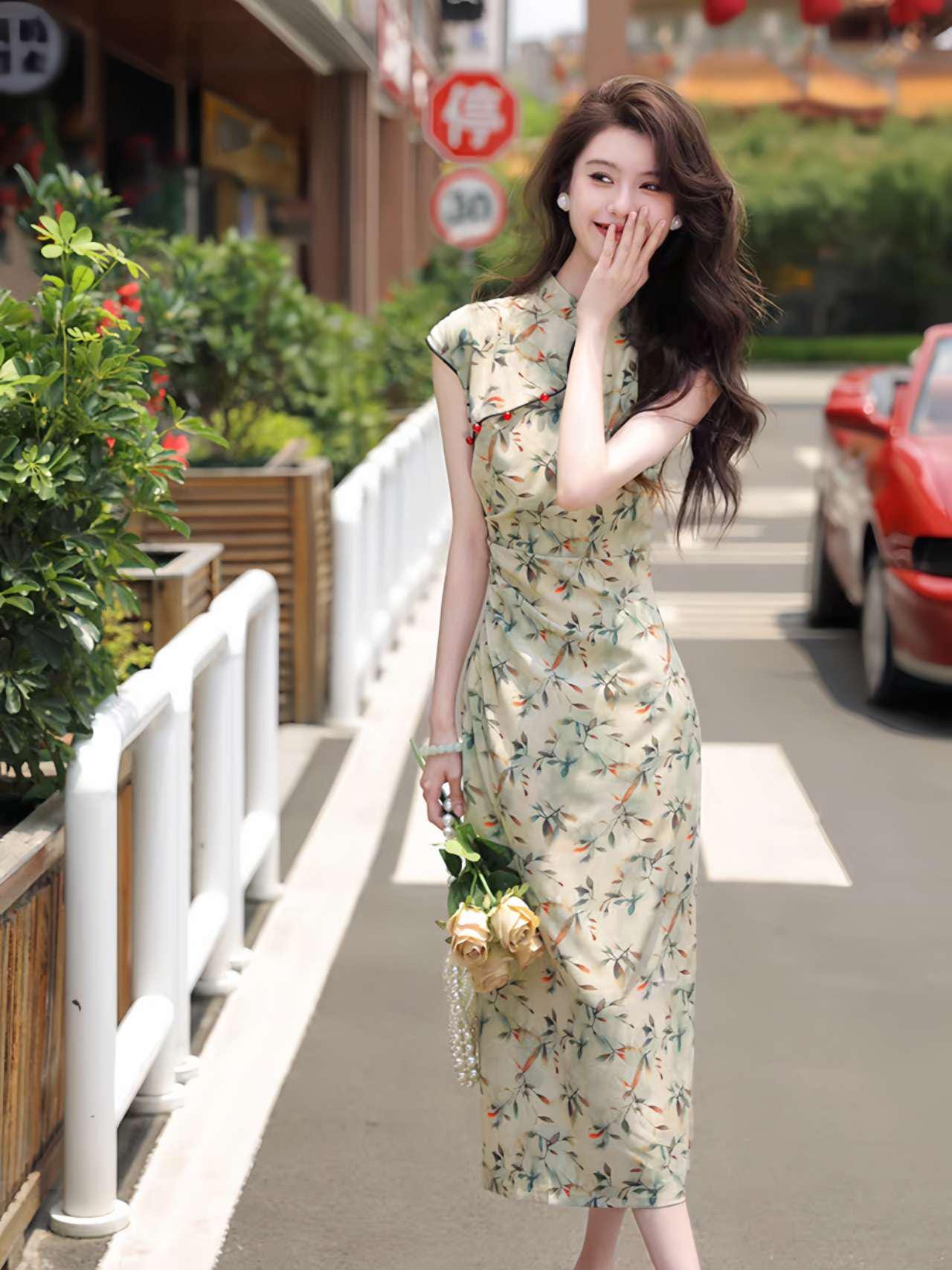 Qipao Floral Tencel, Qipao Oriental Midi, Cheongsam de Hojas de Acuarela, Vestido Tradicional Asiático, Vestido para Ceremonia del Té,regalo
