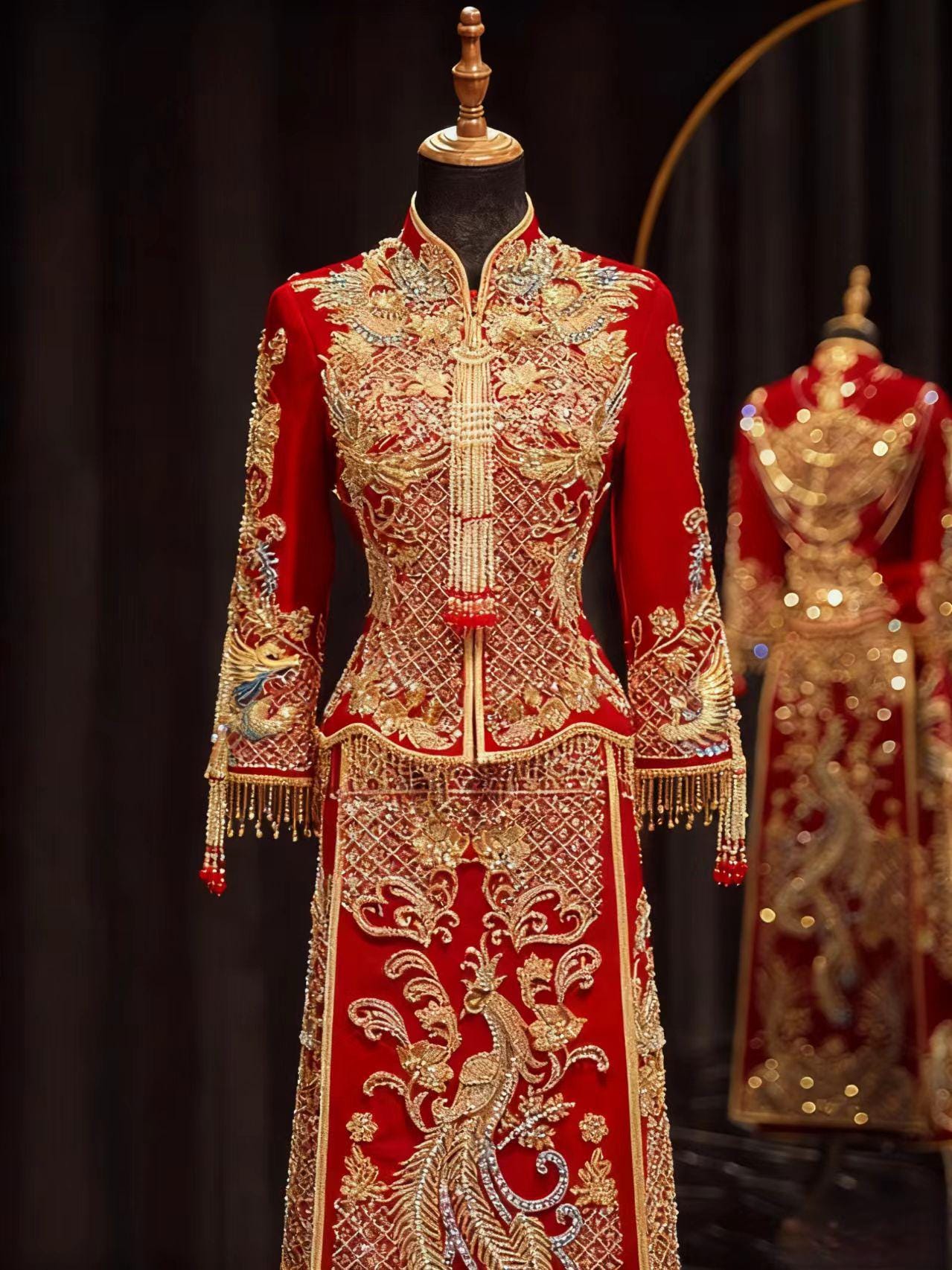 Red Gold Chinese Wedding Dress, Phoenix Sequins Embroidery Qun Kwa Gown, Luxury Oriental Bridal Outfit, Traditional Brocade Cheongsam, Gift