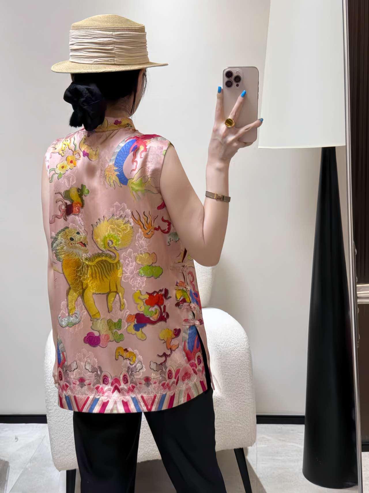 Top de Seda Qilin, Chaleco Bestia Mítica, AoDai Dinero Viejo, Blusa Vintage, Regalo Único para Ella,Trabajo diario/Ceremonia del té,vintage