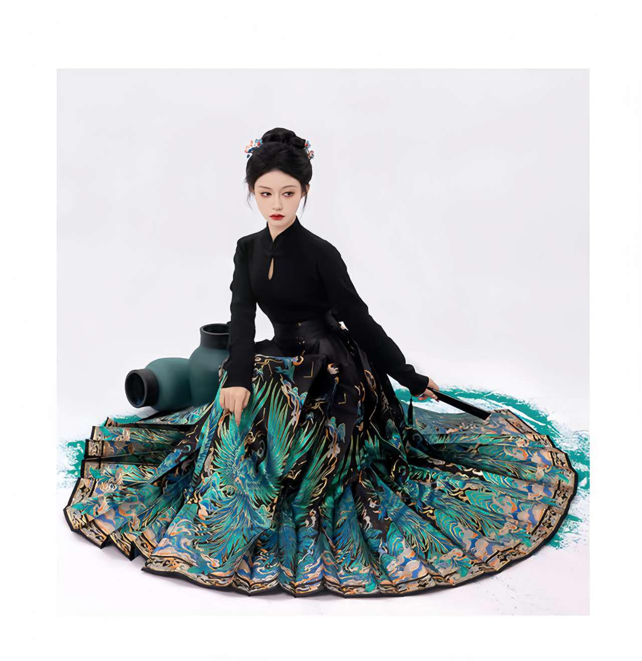 Falda Hanfu Pájaro Mítico, Maxi Falda China, Falda Plisada Cintura Alta, MaMianQun Estampada,Elegante Conjunto Festival,Hanfu Estilo Antiguo