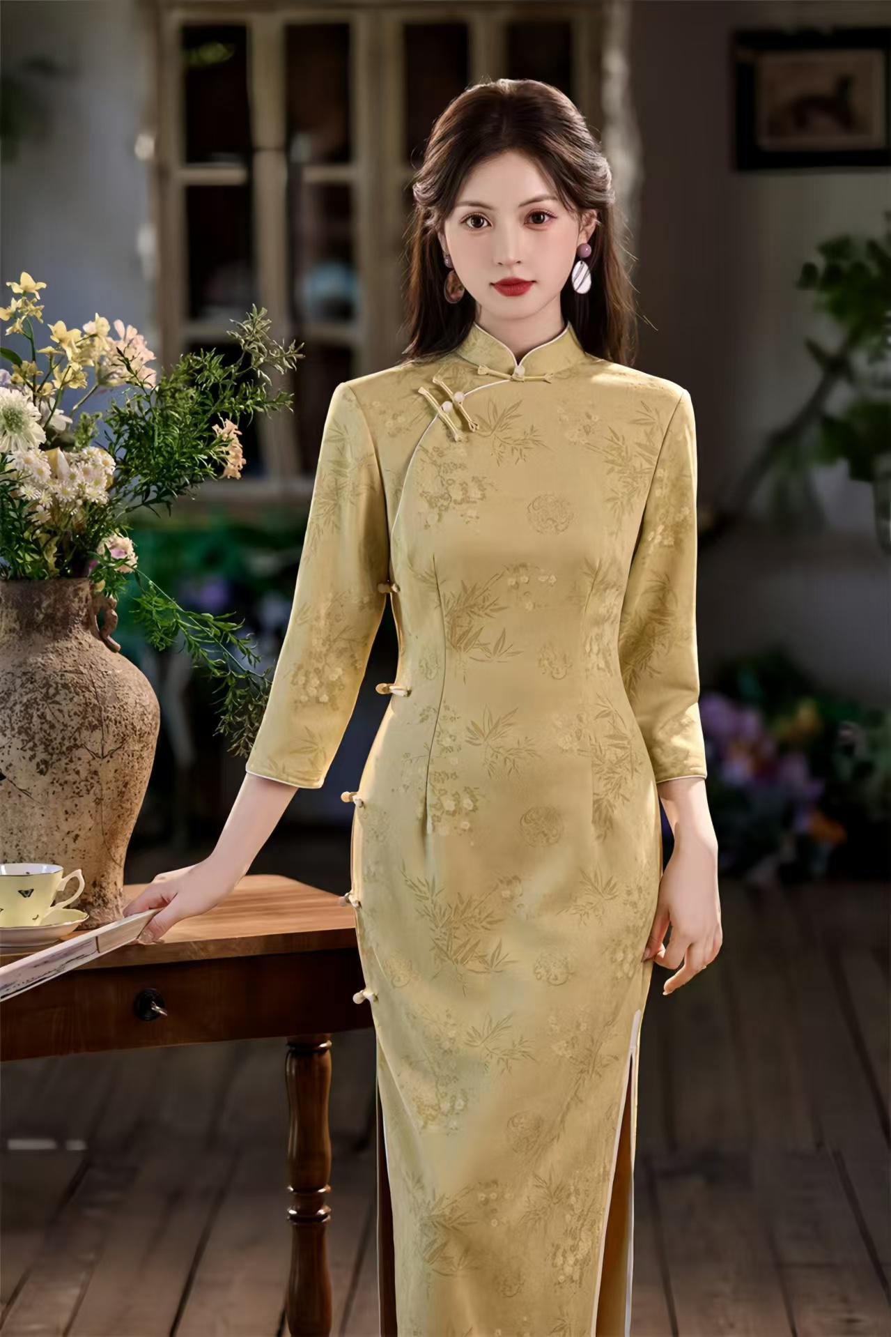 Long Cheongsam with Side Buttons, Faux Suede Velvet Qipao, Elegant Traditional Dress, Autumn Chinese Dress, Yellow