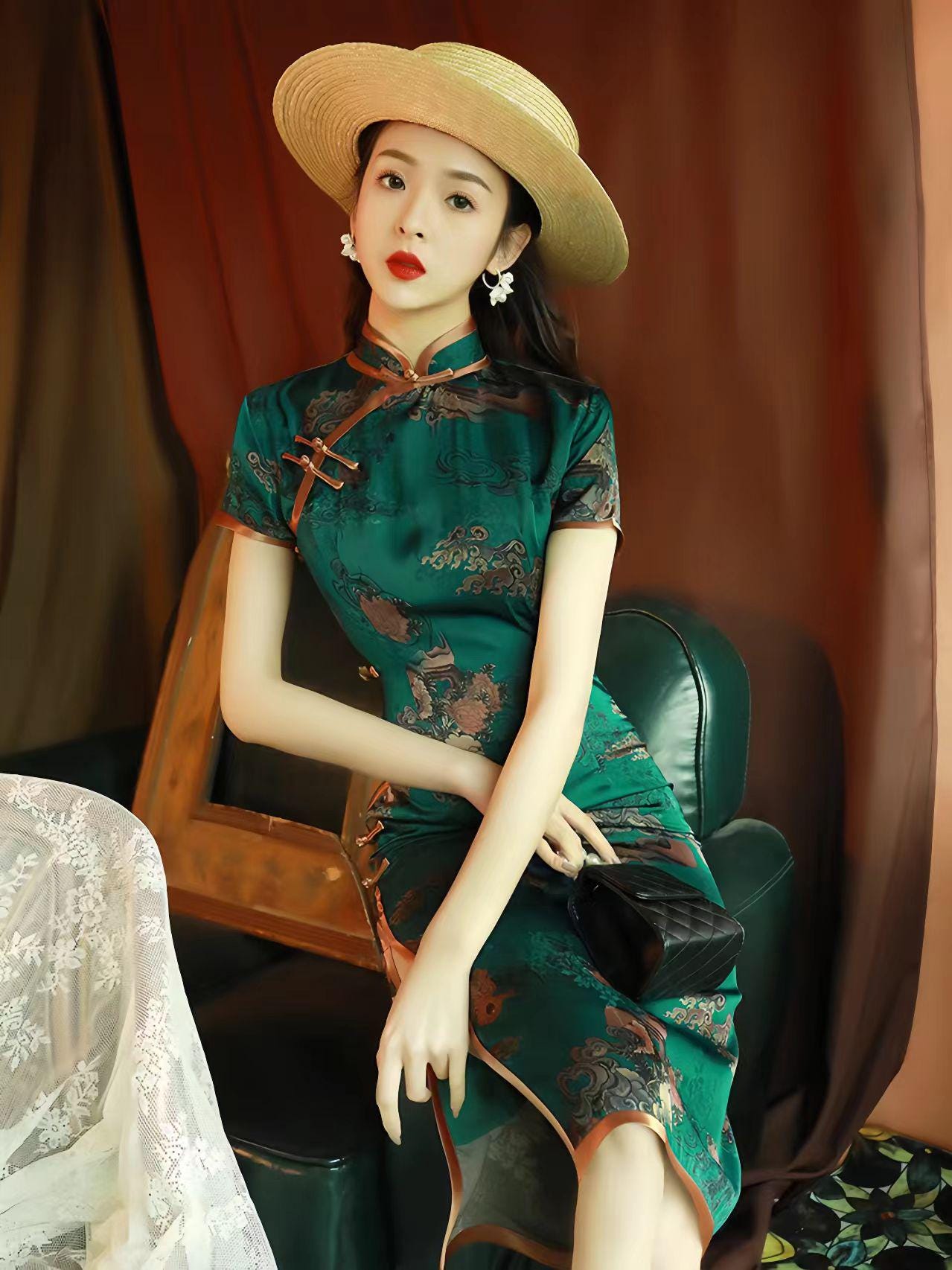 Qipao Verde Oscuro, Vestido de Brocado Cheongsam, Vestido Chino Vintage, Qipao Clásico Floral, Traje Formal Asiático, Moda Retro China S-4XL