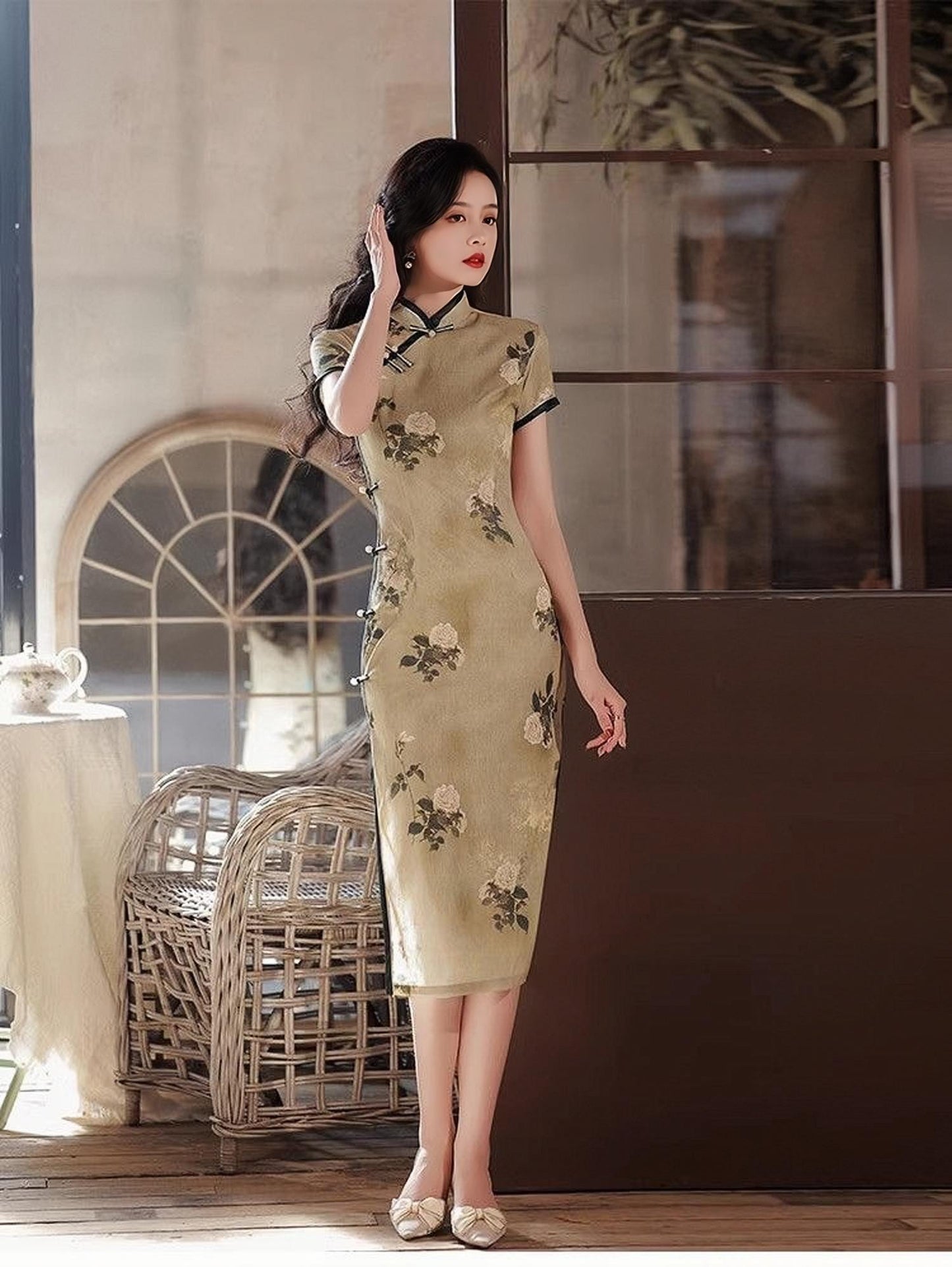 Vestido Qipao de Lino Vintage, Cheongsam Floral Chino Retro, Vestido Mandarina Ramio Natural,Traje para la Fiesta del Té, Vestido Midi