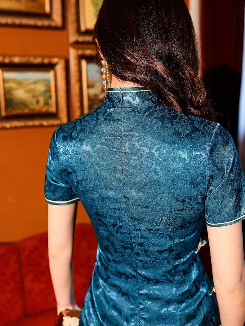 Women's Blue Floral Qipao Cheongsam Dress – Jacquard High Slit – additional product view