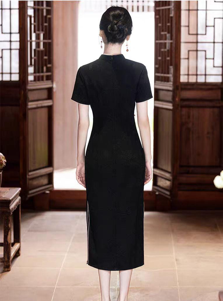 Women's Black Jacquard Qipao Cheongsam Dress – Printed – additional product view