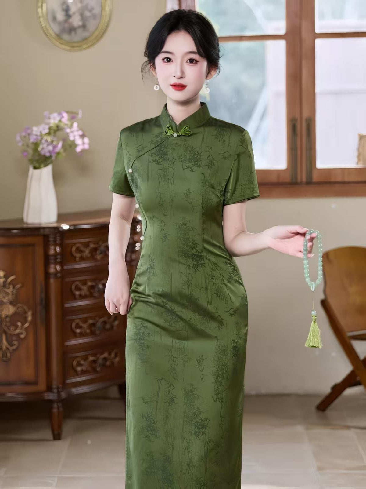 Women's Green Jacquard Qipao Cheongsam Dress – Fitted – additional product view
