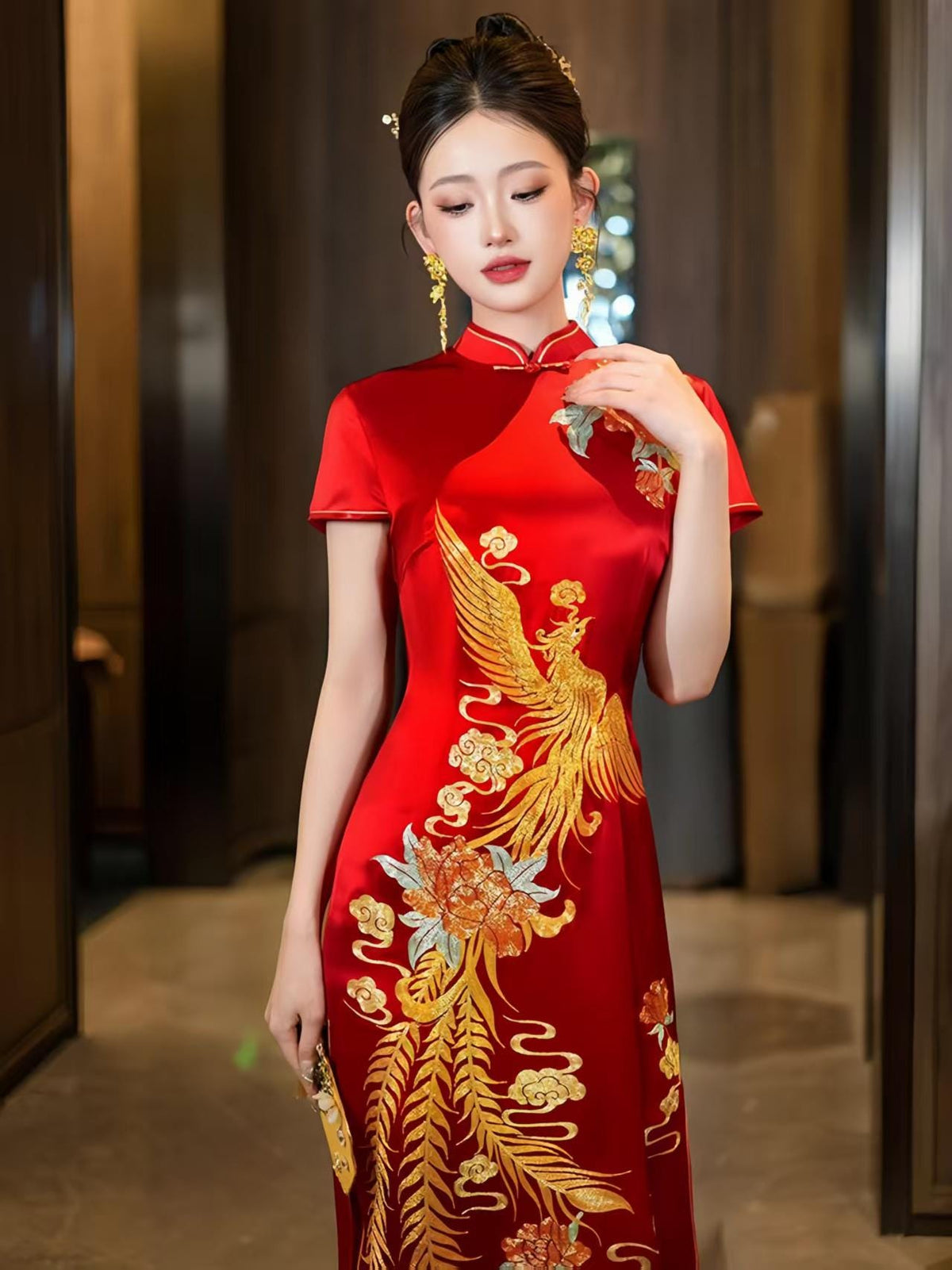 Women's Red Embroidered Satin Qipao Cheongsam Dress – Long – additional product view