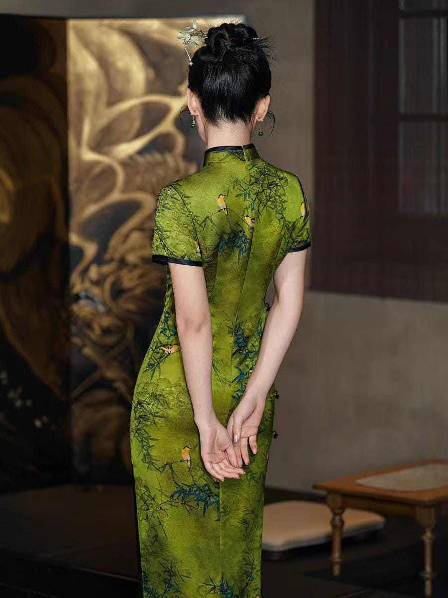 Women's Green Elegant Qipao Cheongsam Dress – Printed Maxi Fitted – additional product view