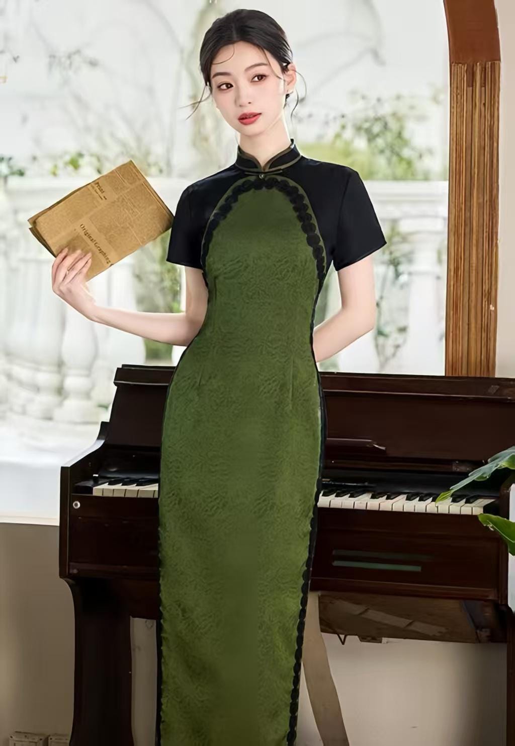 Women's Green Elegant Qipao Cheongsam Dress – Midi Fitted – additional product view