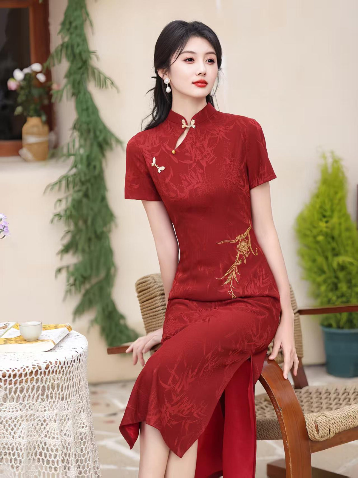 Women's Red Vintage Qipao Cheongsam Dress – Fitted – additional product view