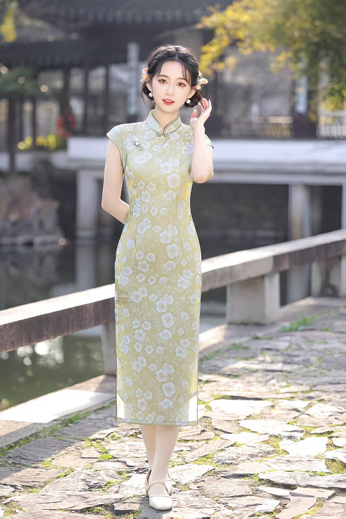 Women's Green Floral Qipao Cheongsam Dress – additional product view