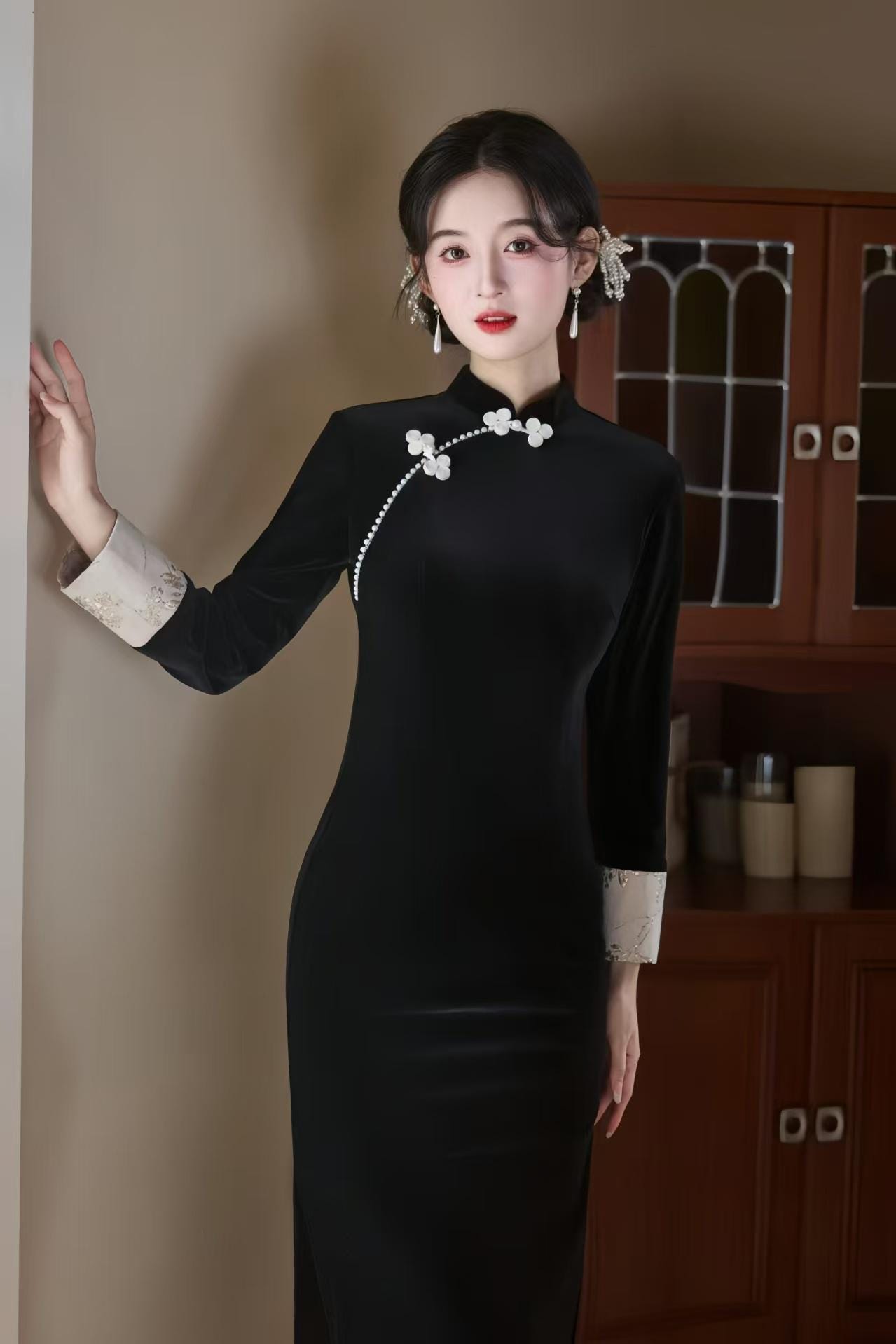 Velvet Qipao Dress, Blue Cheongsam with Butterfly Print, Elegant Oriental Evening Dress, Vintage Chinese Cocktail, Formal Fashion