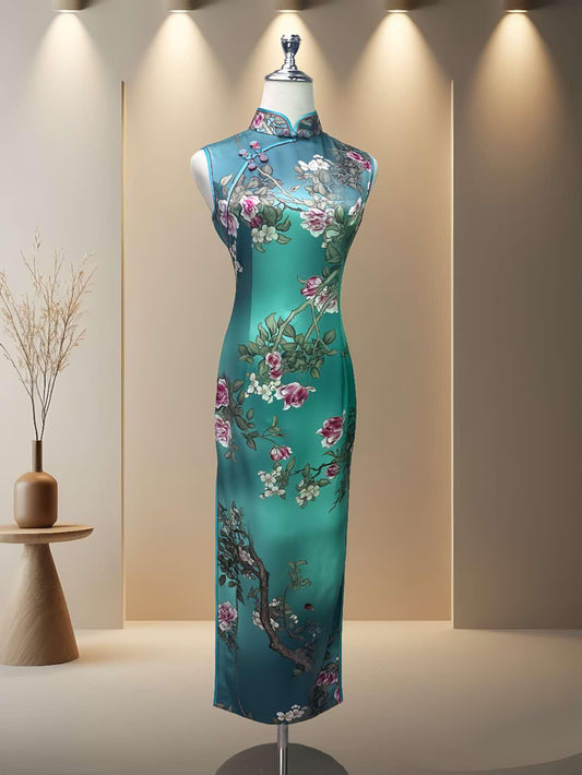 Elegante Vestido Cheongsam de Seda Lujo Verde, Vestido Chino Tradicional Floral para Ceremonia de Té, Regalo Perfecto para Ella