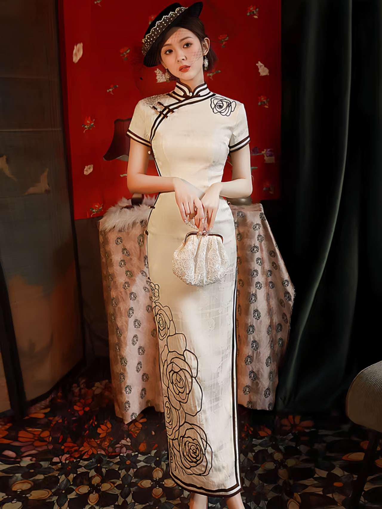 vestido cheongsam negro vintage, qipao elegante de noche estilo Shanghái, vestido chino con rosas bordadas,Vestido Vintage Elegante para Té