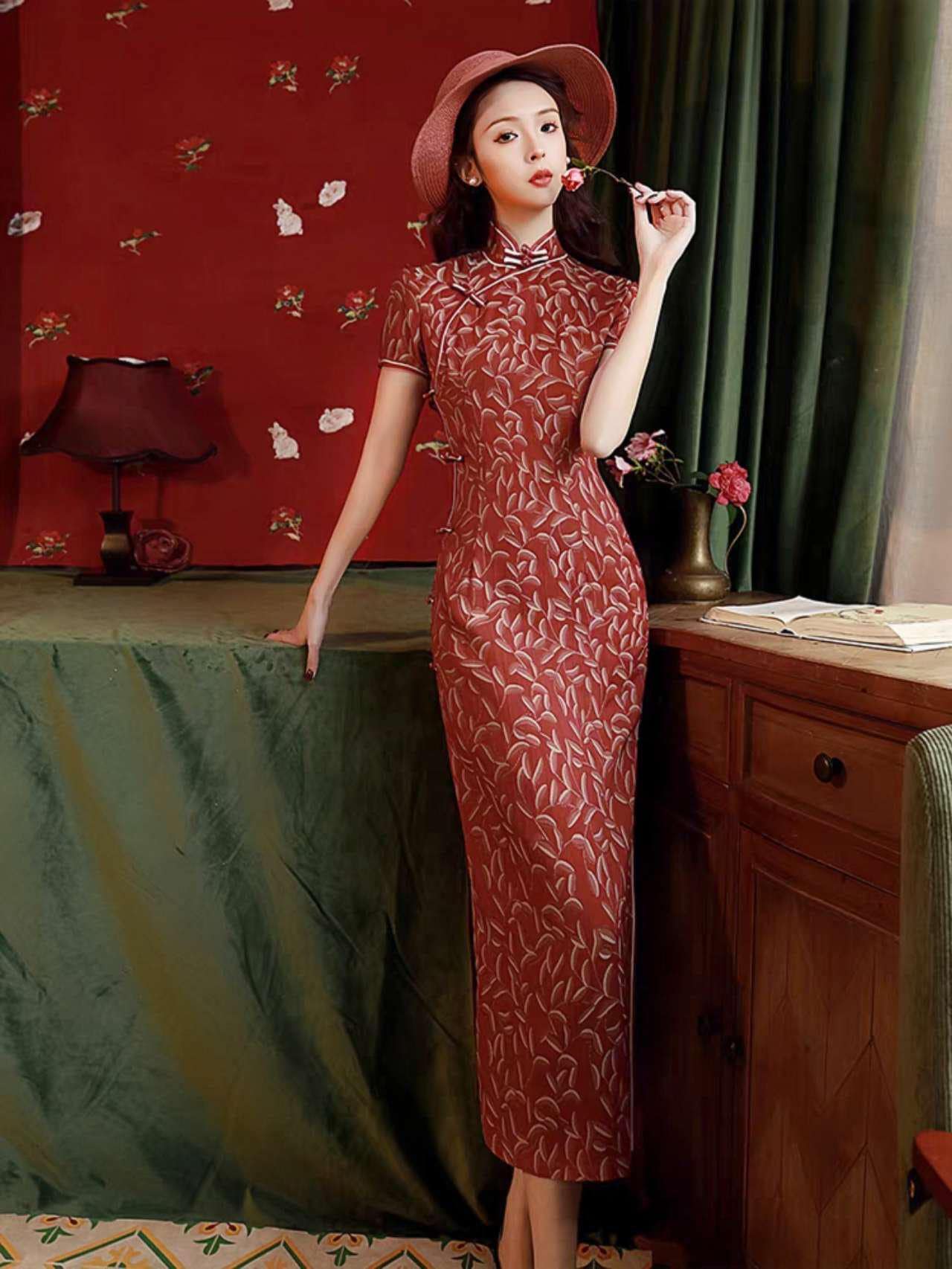 Cheongsam Moderno, Vestido Cheongsam Rojo, Vestido Qipao Chino de Novia Chino, Vestido Vintage Elegante para Té Gala,regalo para ella, retro