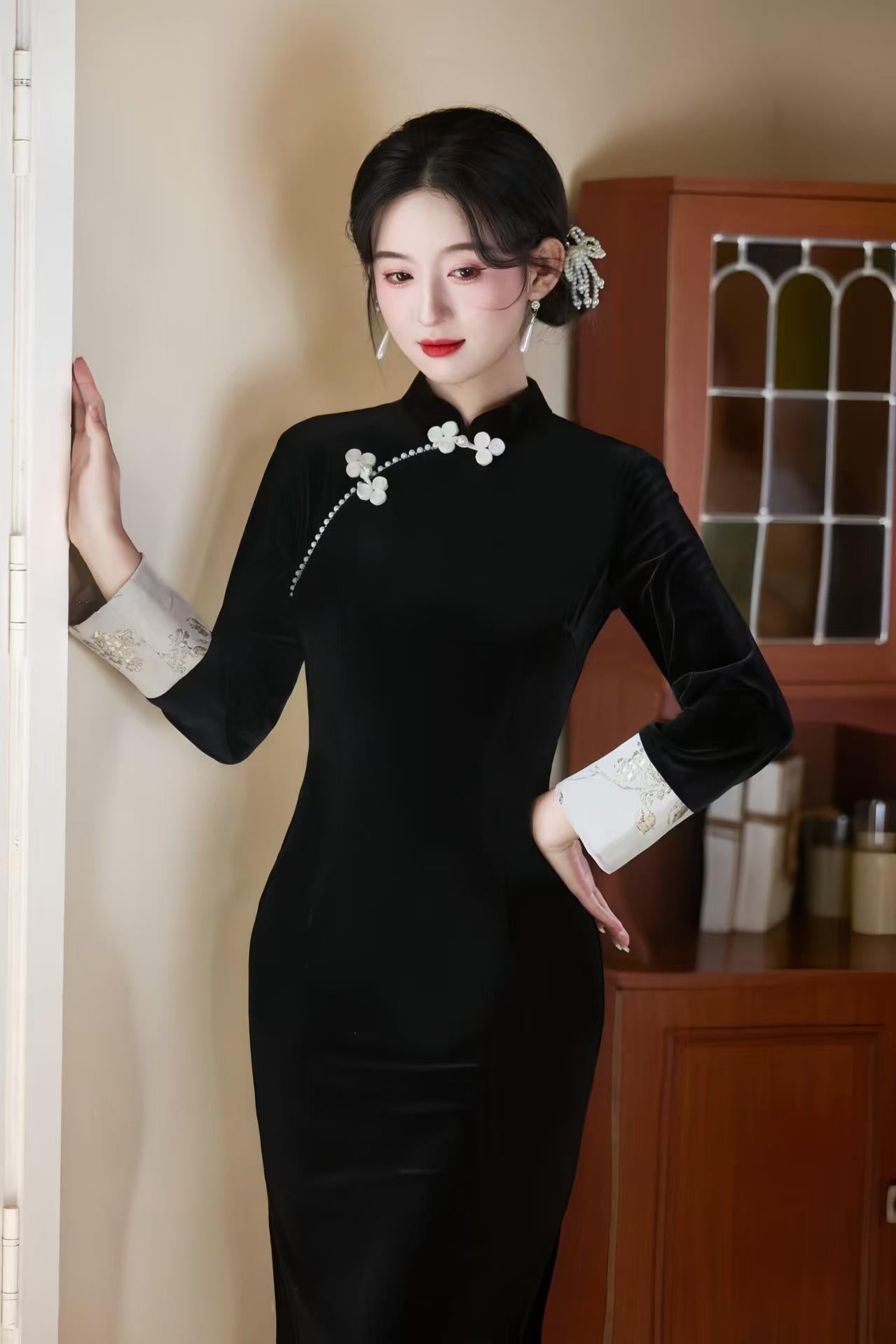Velvet Qipao Dress, Blue Cheongsam with Butterfly Print, Elegant Oriental Evening Dress, Vintage Chinese Cocktail, Formal Fashion