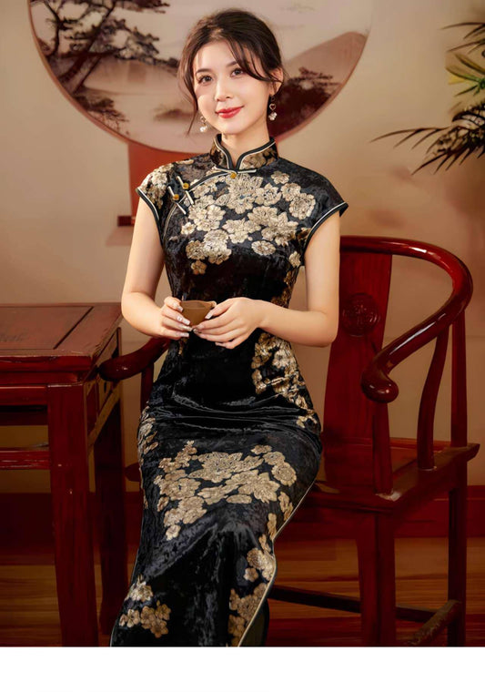 Qipao de terciopelo negro, Elegante Vestido Chino Cheongsam, Vestido Oriental Formal Vintage, Vestido de Boda Retro Asiático, Tallas grandes