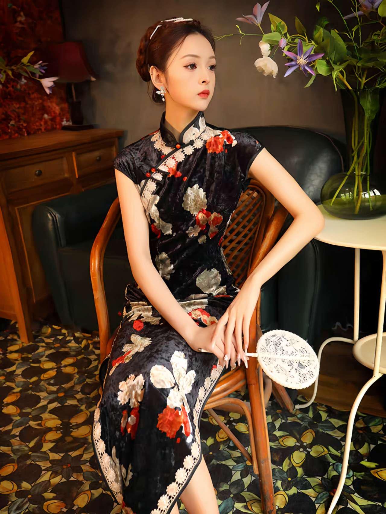 Vestido Qipao de terciopelo, Vestido Cheongsam chino, Vestido Chino Vintage, Tradicional, tallas grandes S-4XL,Vestido para Ceremonia del Té