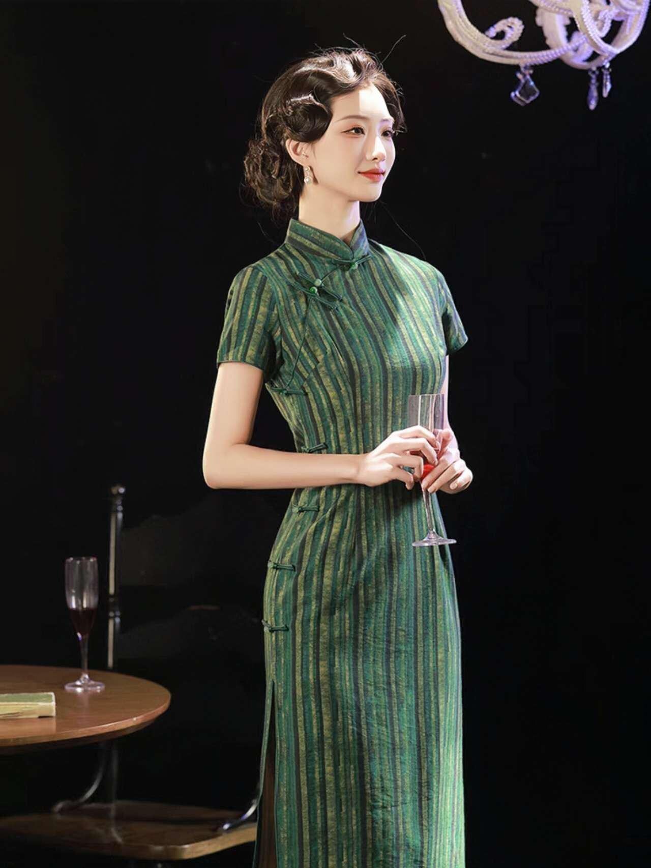 Qipao Verde Vintage, Cheongsam Retro Chino, Vestido Qipao a Rayas, Estilo Clásico de Shanghai, Qipao del Viejo Hollywood,Traje Tea Party