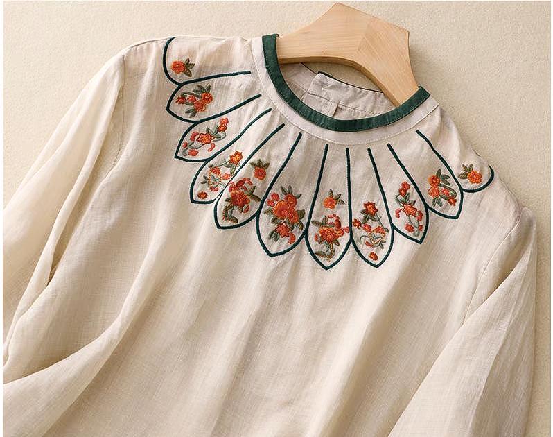 Camisa floral étnica de estilo vintage - Túnica de lino de algodón con bordado popular-  Blusa para mujer inspirada en el arte popular chino