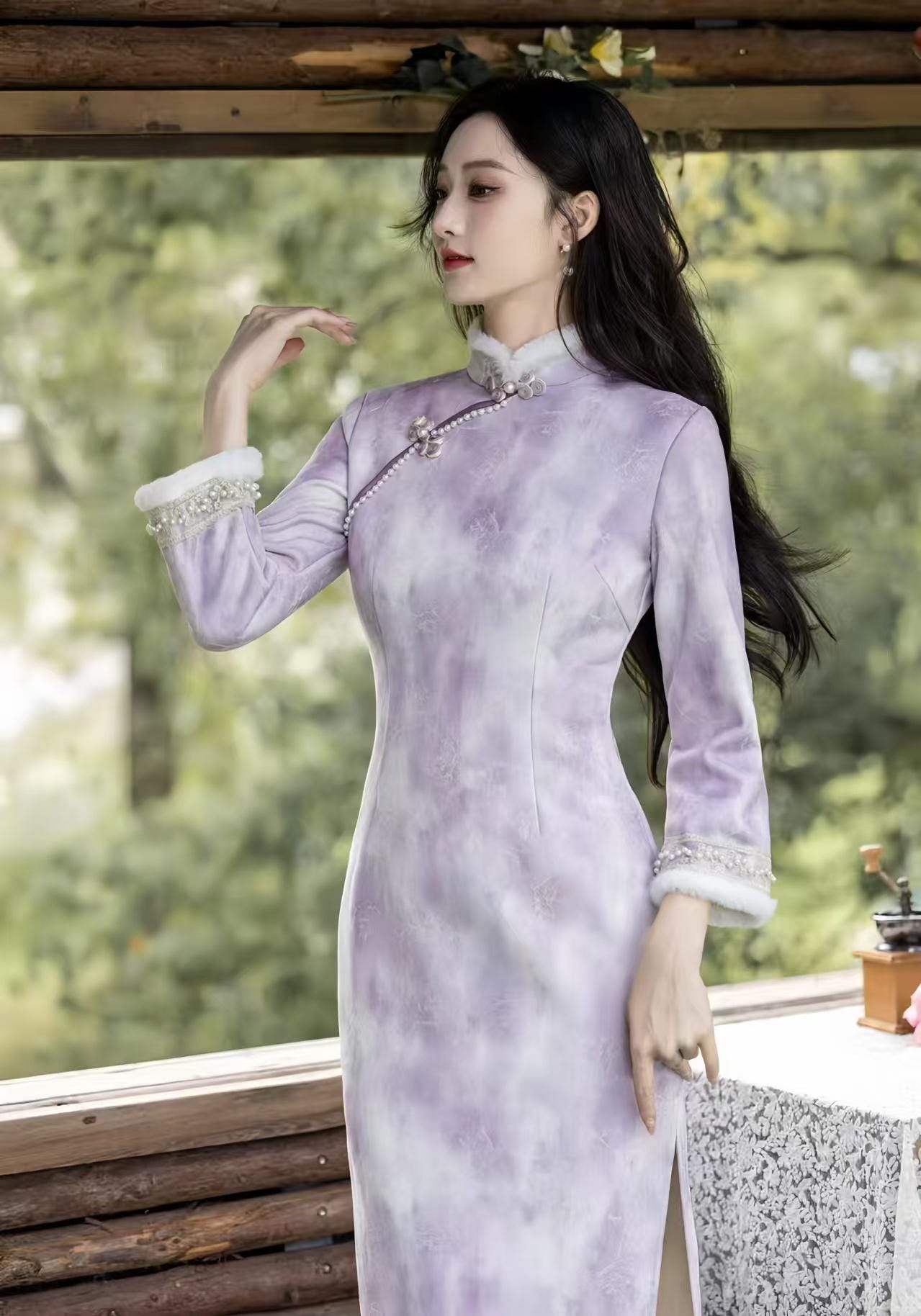 Purple-white velvet qipao, lined cheongsam, elegant Chinese dress, vintage oriental dress, luxury Asian winter costume