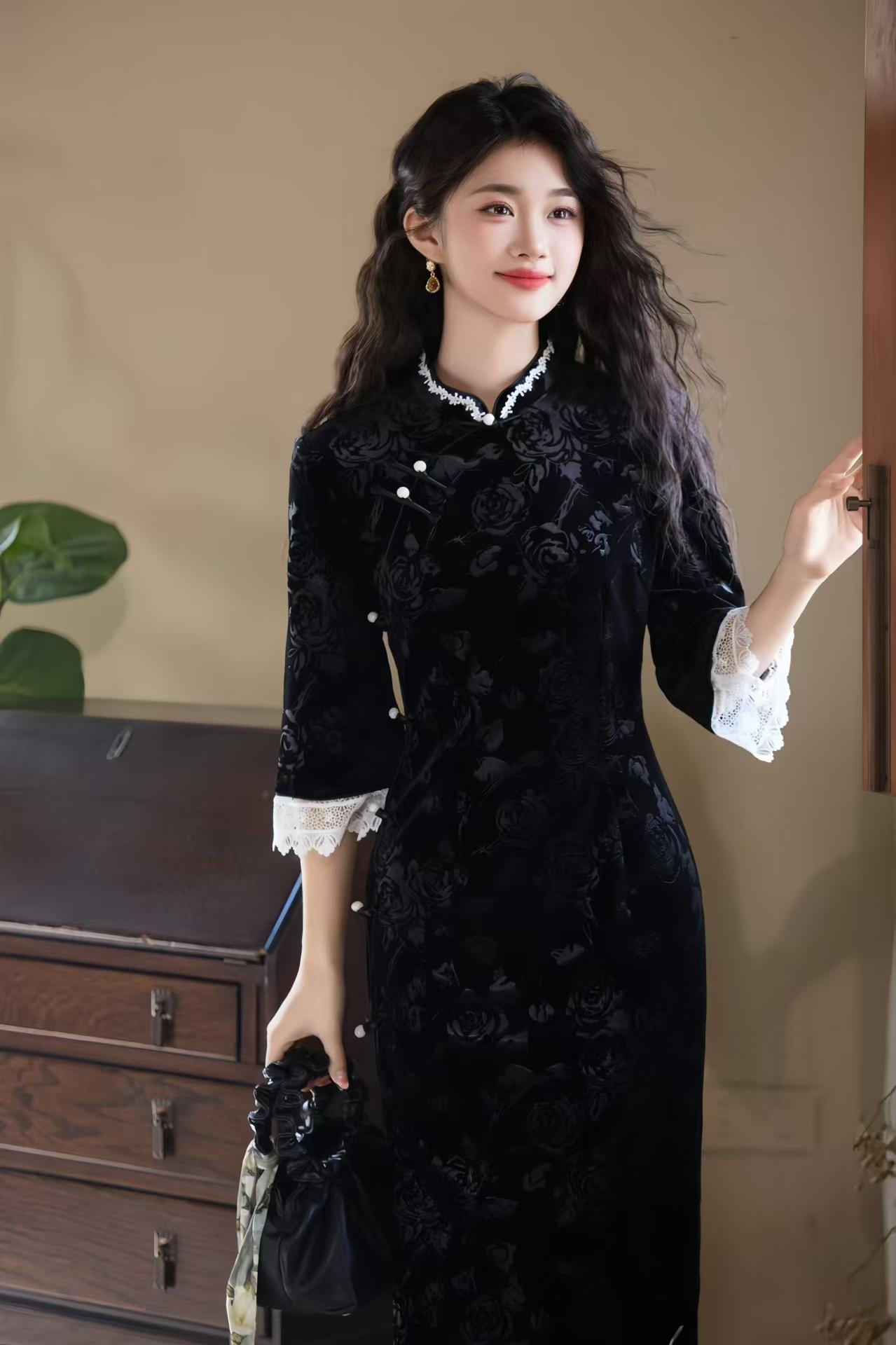 Pink Velvet Jacquard Qipao, Black Midi Cheongsam Dress, Elegant Chinese Dress with Lace Trim, Vintage Autumn Oriental Dress