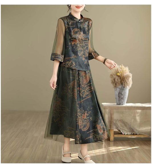 Vestido Chino de Dos Piezas, Traje Vintage Tang,Traje Oriental Cheongsam,Traje Tradicional Asiático,Ropa Retro Estilo Chino,Ceremonia del Té