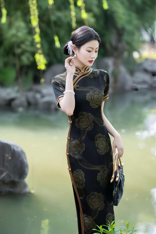 Cheongsam Clásico de Seda, Vestido Qipao Negro, Vestido Chino Vintage, Qipao con Diseño de Rosas, Vestido Tradicional, tallas grandes M-5XL