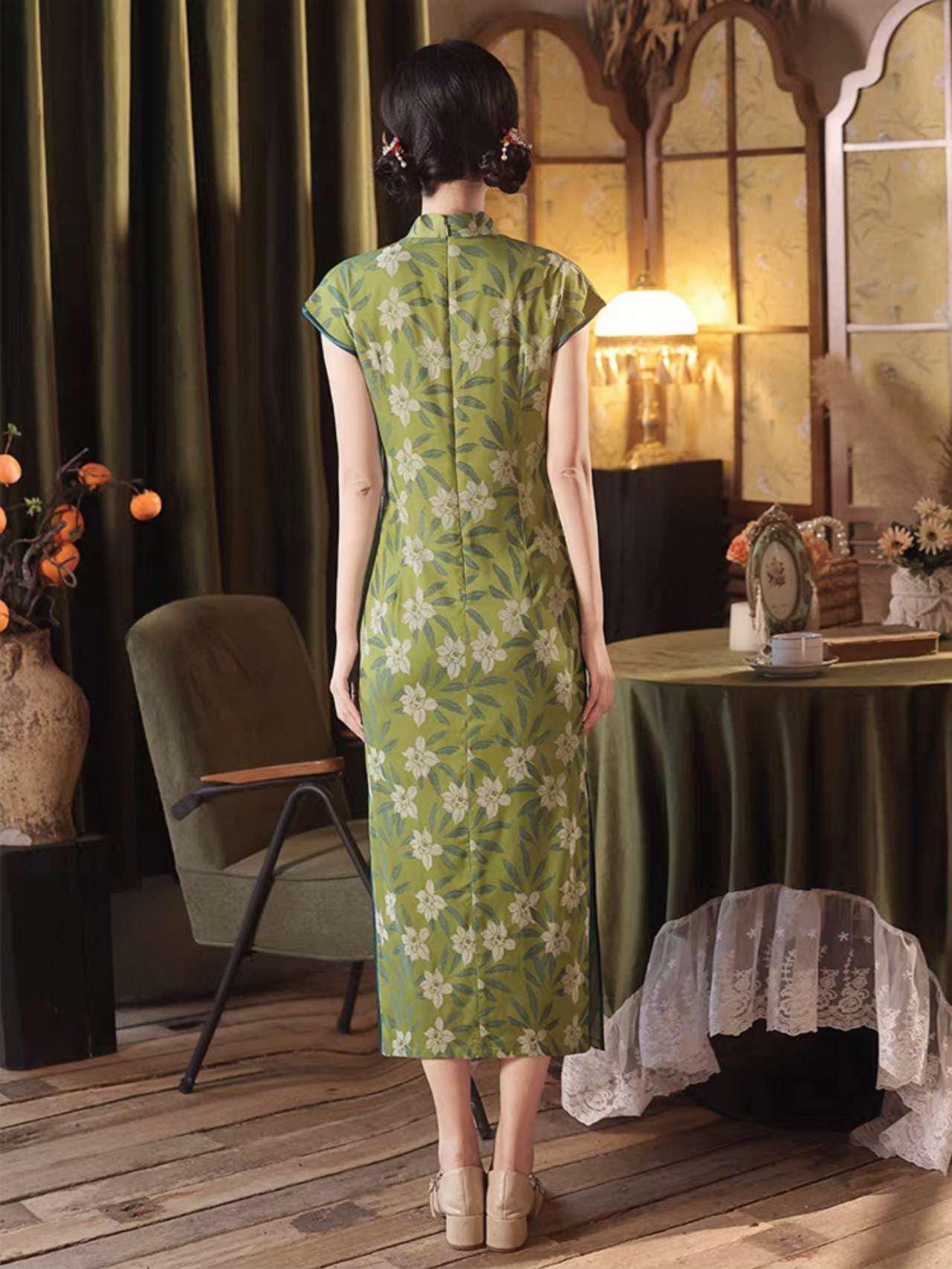 Vestido Qipao Brocado Floral, Cheongsam Chino Verde, Elegante Vestido, Vestido de Té  Retro, Qipao Primavera Verano, Qipao Invitada de Boda