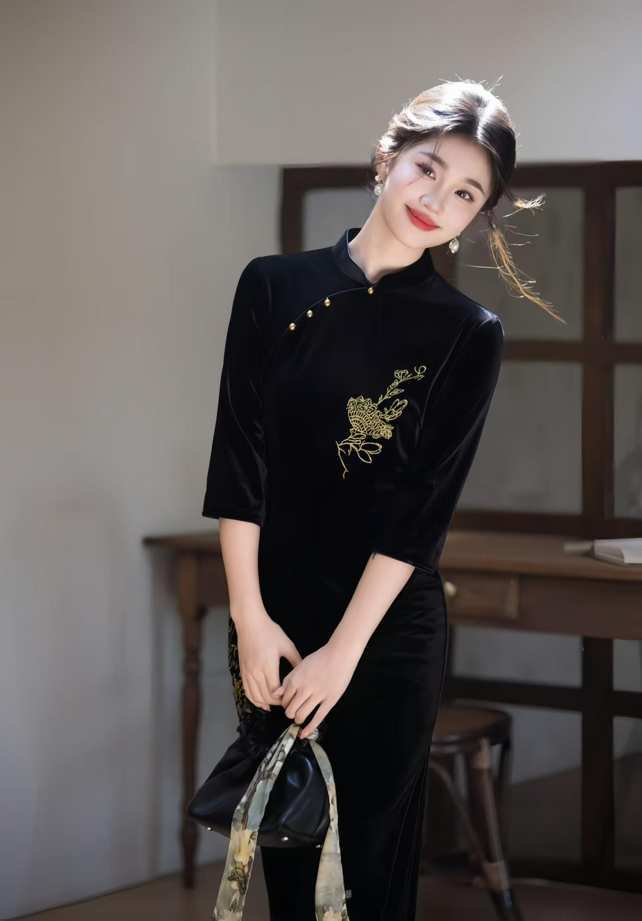 Minimalist Velvet Qipao Dress, Black Cheongsam with Gold Buttons, Elegant Midi Oriental Dress, Luxury Chinese Autumn Dress