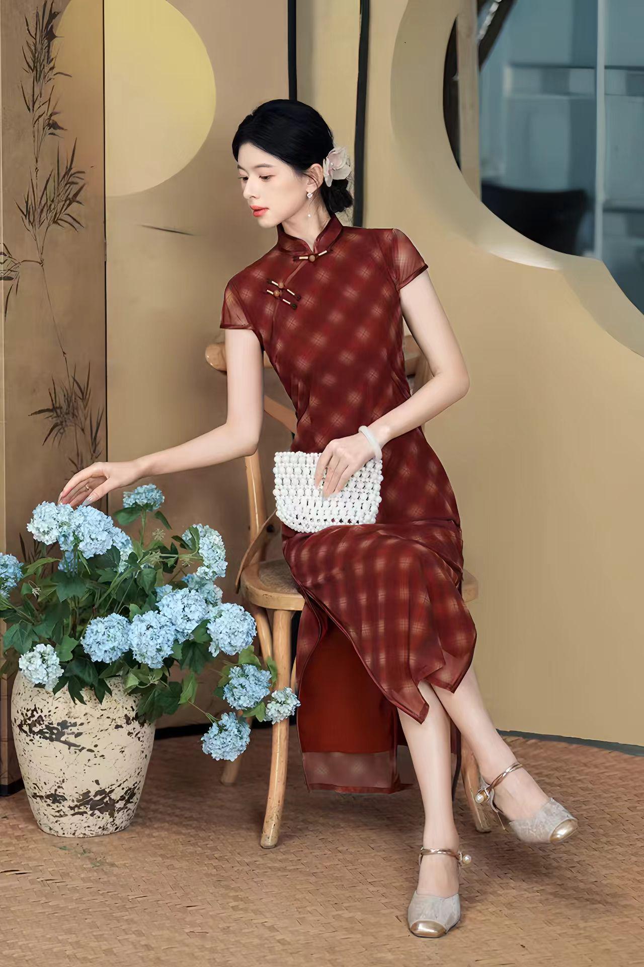 Tencel Sheer Qipao Dress, Red Plaid Cheongsam Gown, Traje de Invitada de Boda, Vestido Cheongsam de Malla Vintage, tallas grandes M-5XL