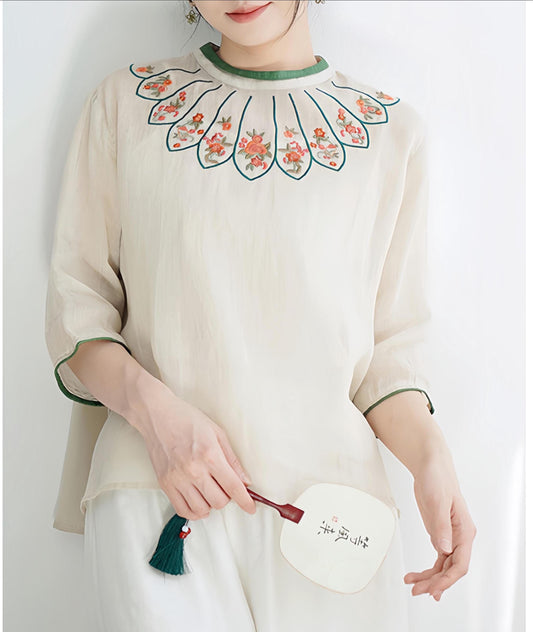 Camisa floral étnica de estilo vintage - Túnica de lino de algodón con bordado popular-  Blusa para mujer inspirada en el arte popular chino