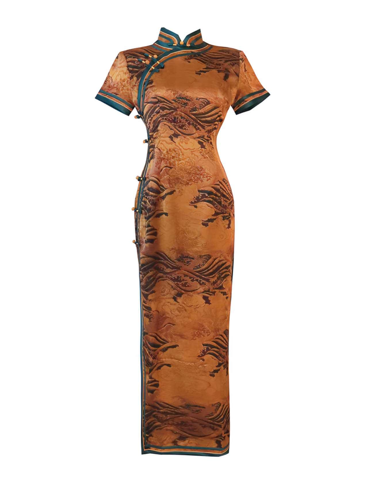 Vestido Qipao Brocado Dorado, Cheongsam Chino Vintage,Vestido Estilo Ópera China, Traje Antiguo de Shanghai,Vestido para Ceremonia del Té