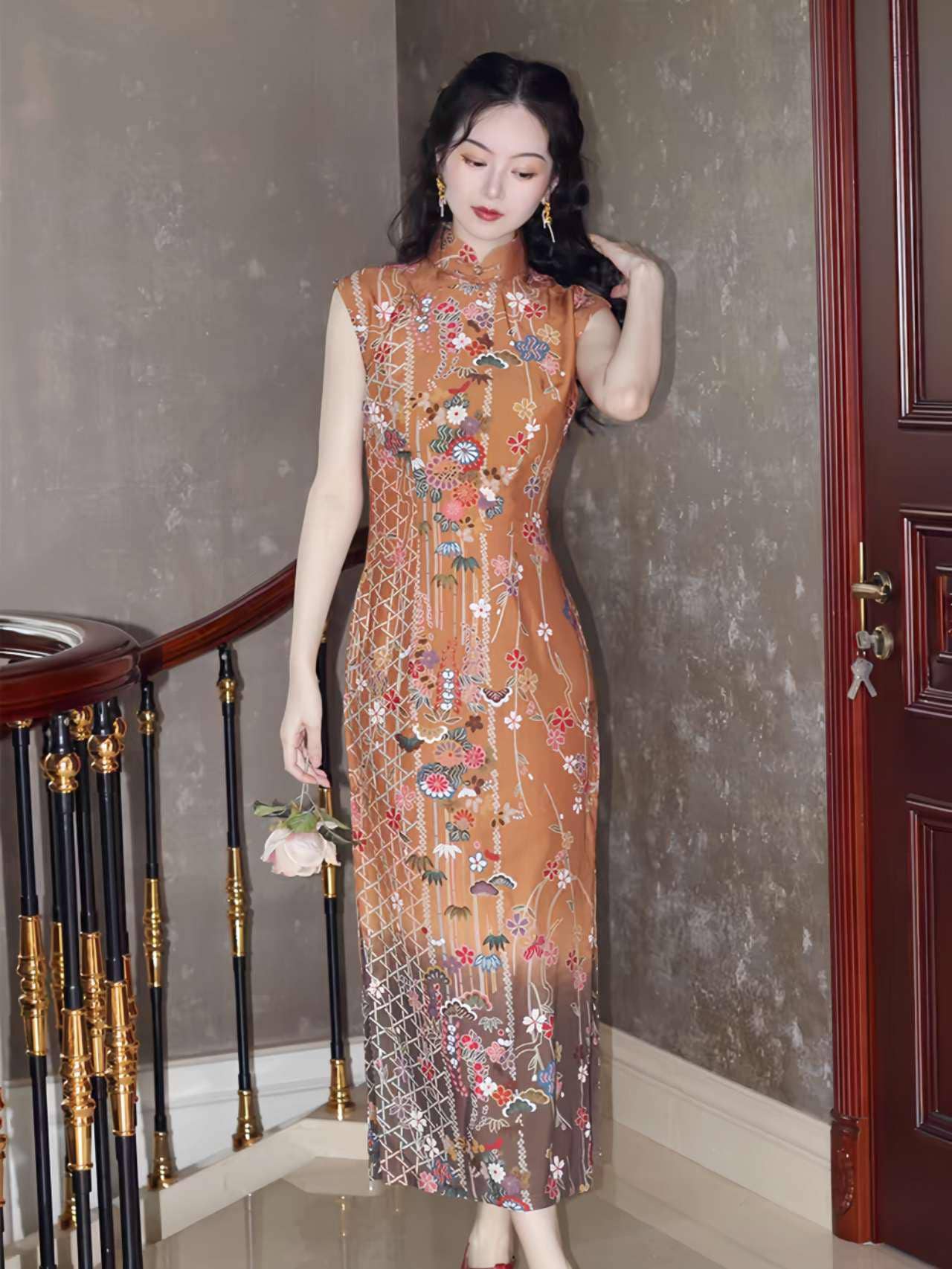 Vestido qipao vintage, Cheongsam Moderno, estampado floral retro, estilo chino tradicional, Vestido Elegante para Té