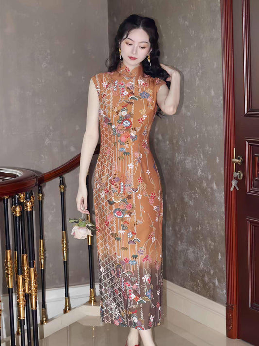 Vestido qipao vintage, Cheongsam Moderno, estampado floral retro, estilo chino tradicional, Vestido Elegante para Té