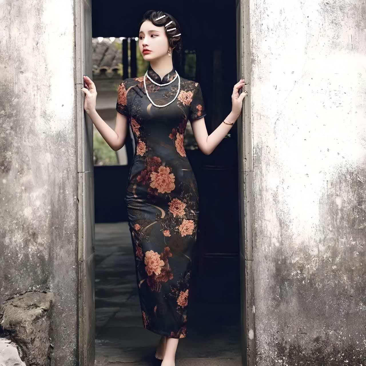 Qipao tradicional chino,vestido cheongsam floral,ropa vintage asiática,moda oriental elegante,vestido largo con abertura, vestido de fiesta