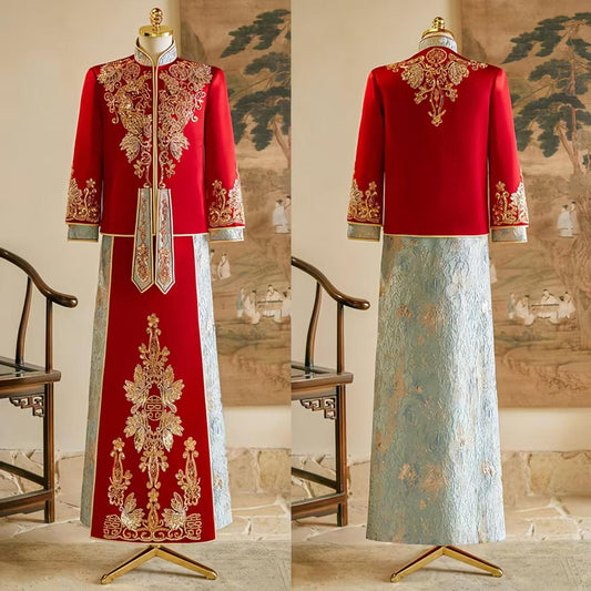 Men's Luxury Velvet Wedding Suit, Red Silk Dragon and Phoenix Embroidery Shaoxing Suit, Elegant Traditional Chinese Groom Suit