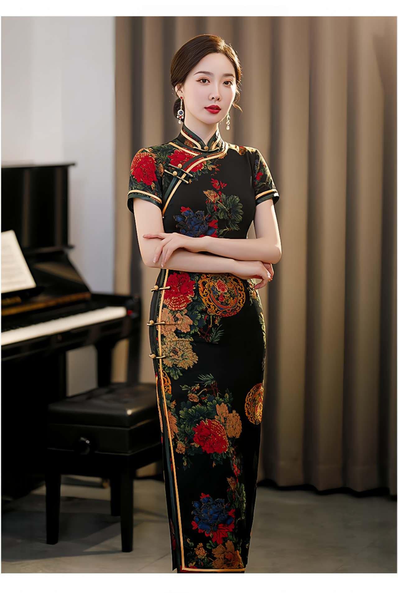 qipao elegante negro, vestido vintage oriental, ropa cheongsam fiesta, Vestido Vintage Elegante para Té, regalo madre elegante, retro, M-4XL
