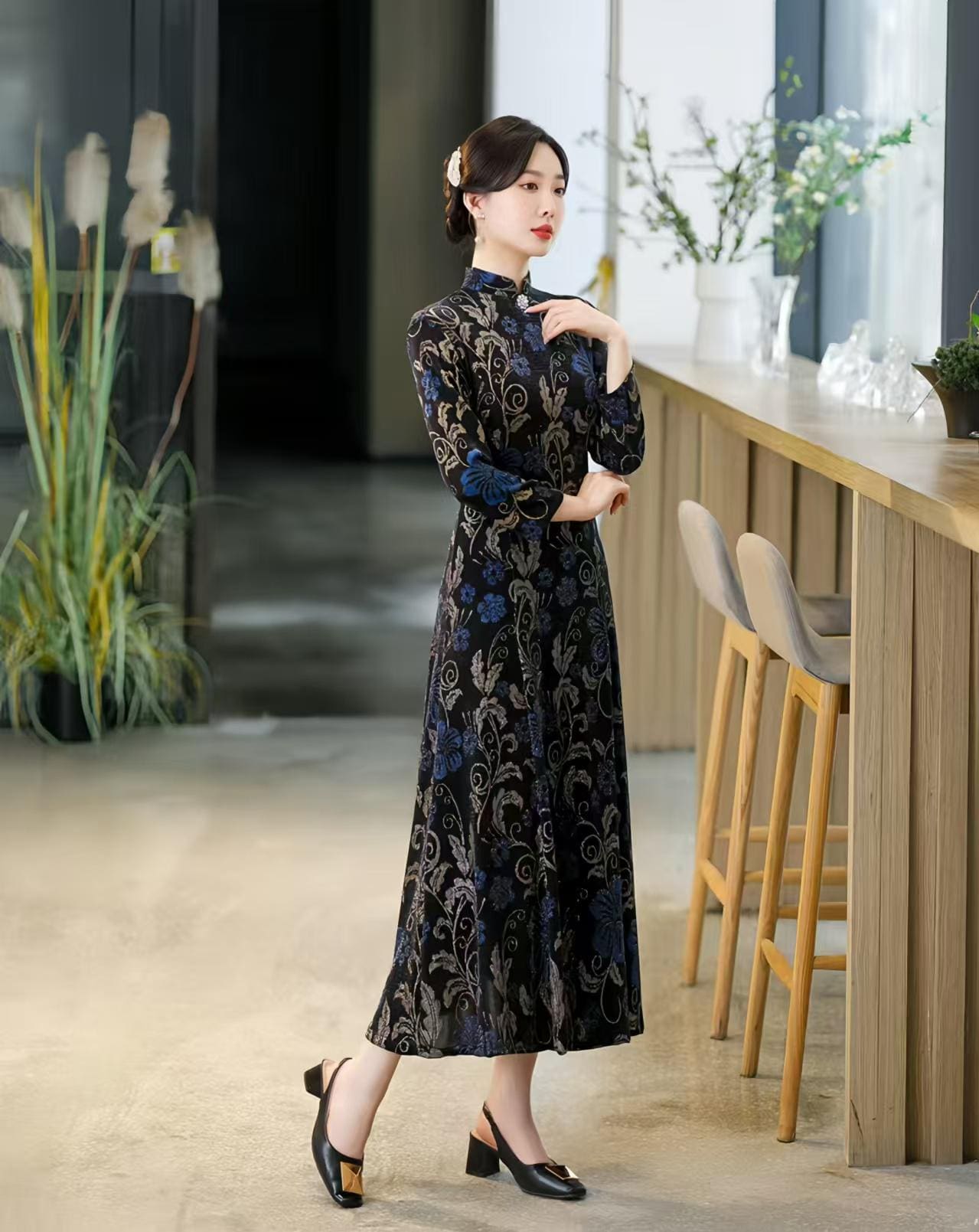 Elegante Vestido Qipao Floral,Maxi Cheongsam Lujo,Noche de Mezcla de Seda,Chino Vintage,Fiesta de Cóctel,Cheongsam larga,regalo para ella