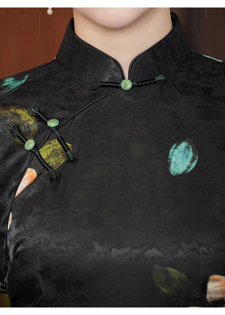 Black Jacquard Qipao, Chinese Cheongsam Dress, Vintage Chinese Dress, Plus Size M-4XL, Tea Ceremony Dress, Gift for Her