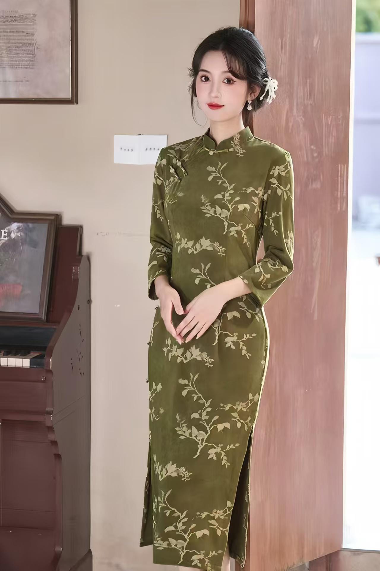 Green Qipao Dress, Autumn Cheongsam, Vintage Floral Suit, Long Sleeve, Formal Evening Party Wear, Traditional Chinese Fashion