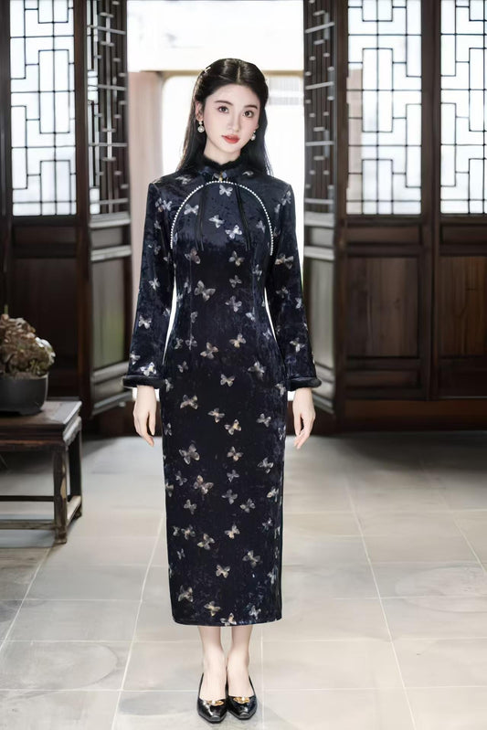 Velvet Qipao with Butterfly Print, Pearl Decorated Cheongsam, Navy Blue Autumn Winter, Vintage Traditional Chinese Dress