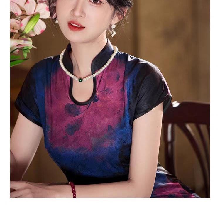 Qipao con Cuello de Gota de Agua, Cheongsam Vintage, Qipao con Aspecto de Seda Suave, Qipao Primavera Verano, Vestido Tradicional Chino
