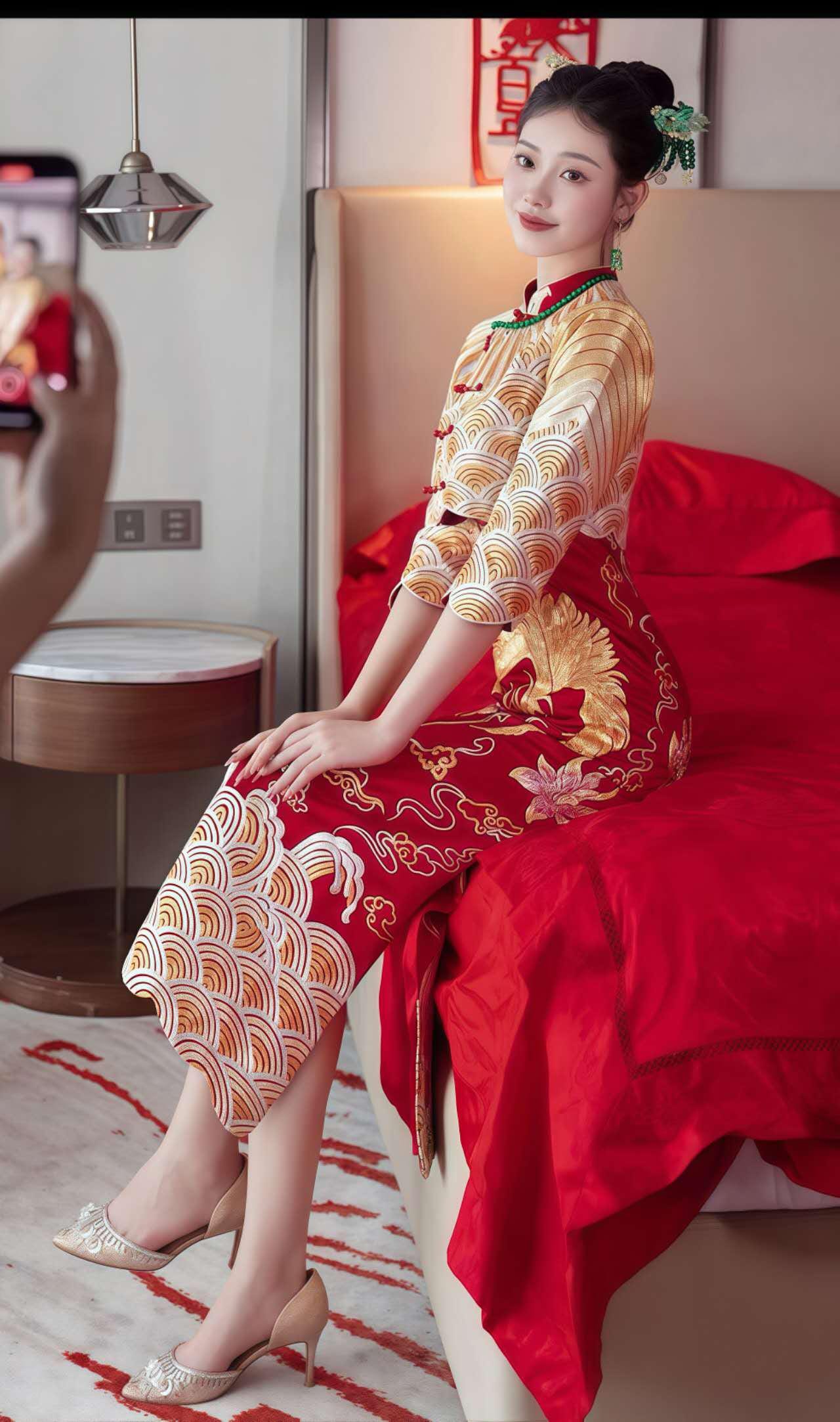 Boda China Qipao Set, Phoenix Dragon Cheongsam Dress, Satin Bridal Dress, Red Gold Chinese Gown,Vintage Two Piece Qipao,Hanfu Inspired Dress