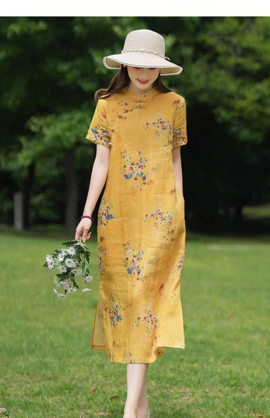 Qipao Amarillo,  Bata Suelta, Vestido Chino Vintage, Cheongsam Floral, Vestido Boho Asiático de Verano,Bata Retro Rústica, tallas grandes