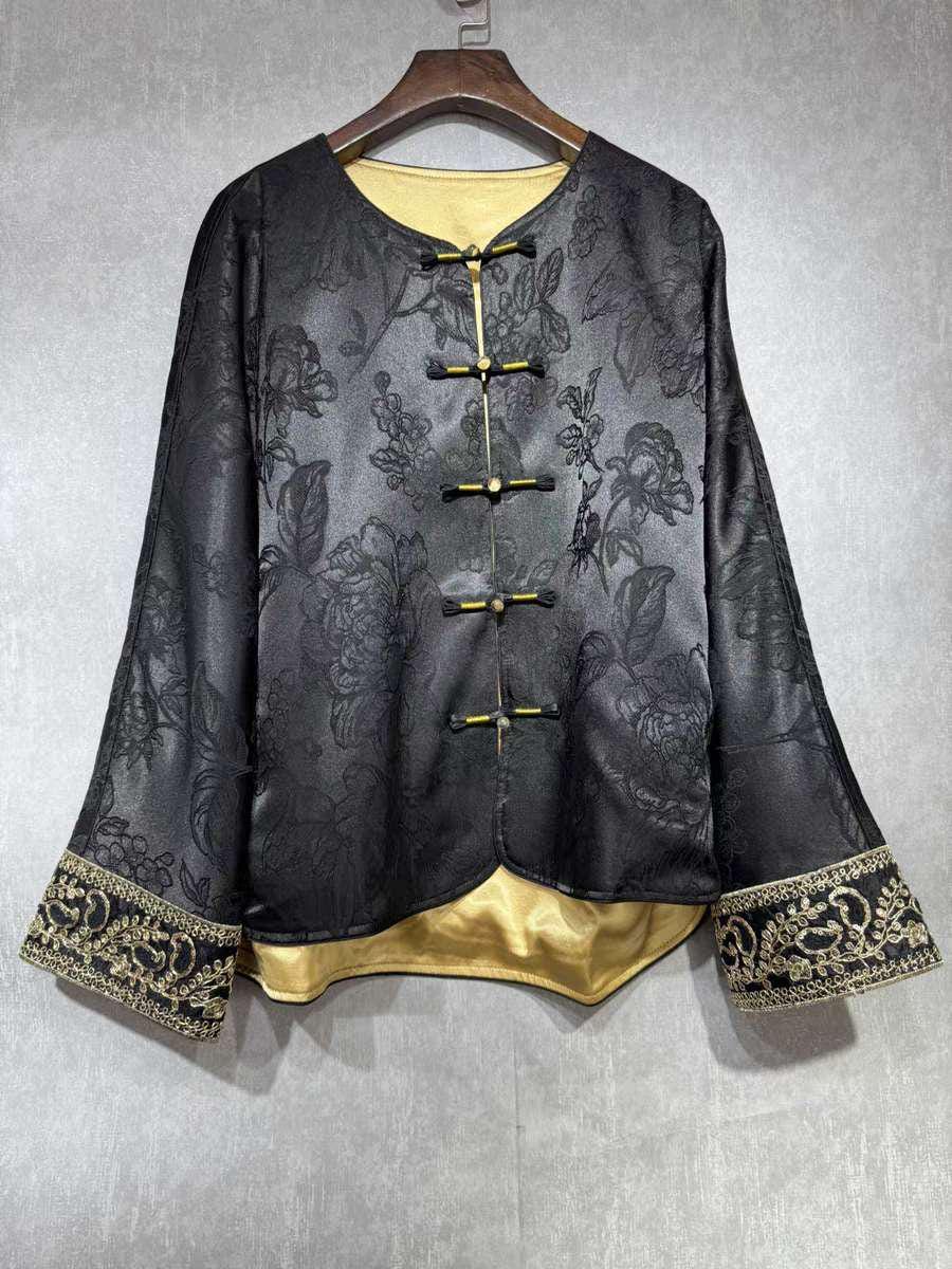 Chaqueta de oro Tang, Traje de chaqueta chino Tang, blusa con puños barrocos, Elegante Top, Abrigo inspirado en el Hanfu, regalo para ella