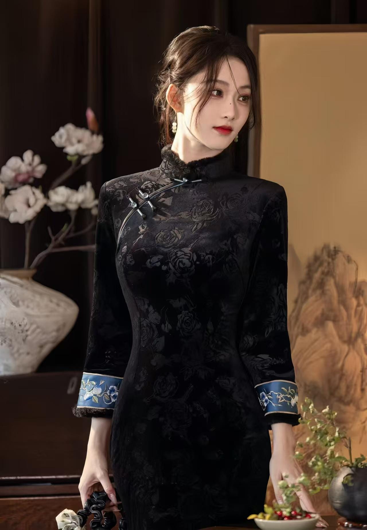 Pink Black Velvet Qipao, Fleece Lined Cheongsam, Elegant Chinese Dress, Gothic Oriental Evening Costume, Vintage Luxury Dress
