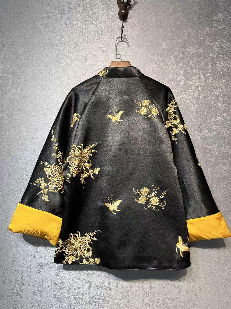 Chaqueta de seda china Tang, Abrigo negro,Blazer con bordado de grulla dragón,Bata  vintage,Chaqueta estilo asiático,Traje formal de Kung Fu