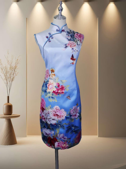 Cheongsam de Seda Exquisito con Arte Floral y Aves, Vestido Armonía Natural, Vestido Arte Sereno, Símbolo Único, Regalo Elegancia Poética