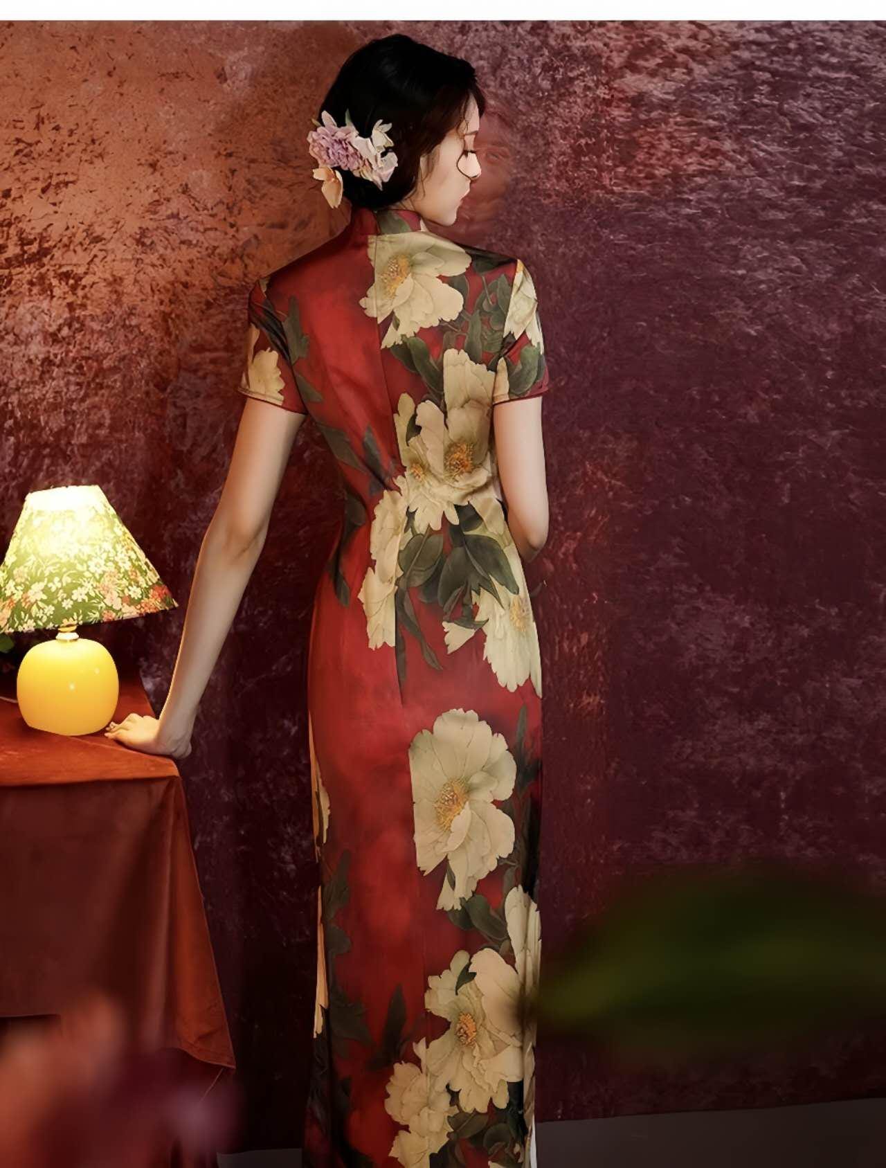 Romántico Qipao Peonía, Vestido Cheongsam Floral Rojo, Vestido de Novia Chino, Vestido Patrón Peonía, tallas grandes S-4XL, Regalo para ella